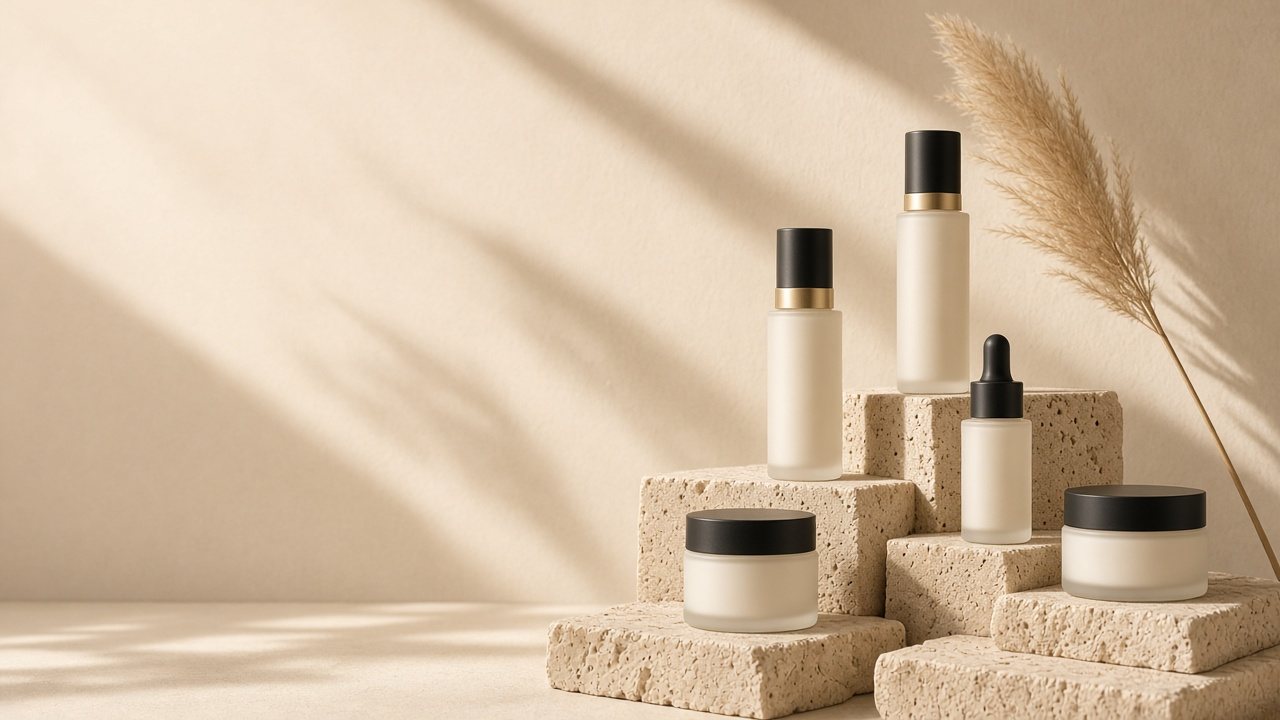 SOOM bottles and jars on travertine in late desert light