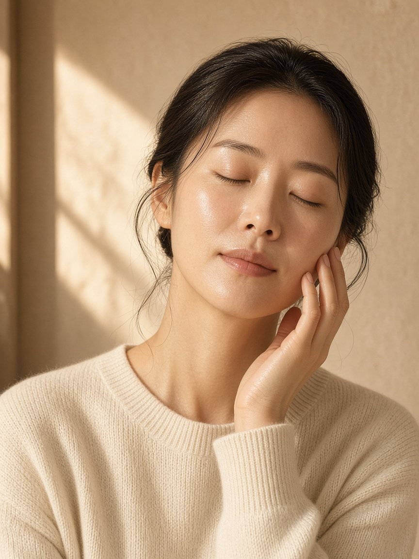 Woman with luminous skin in warm window light