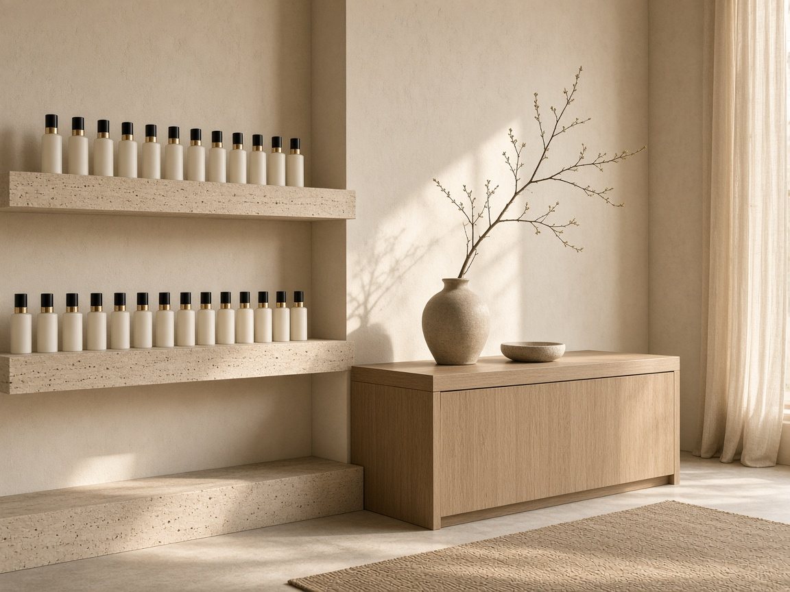 The SOOM studio: travertine shelves and an oak counter